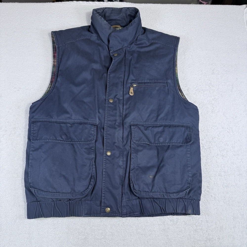 Vintage 90s Eddie Bauer Goose Down Vest Men M Navy Cotton Plaid Leather Utility